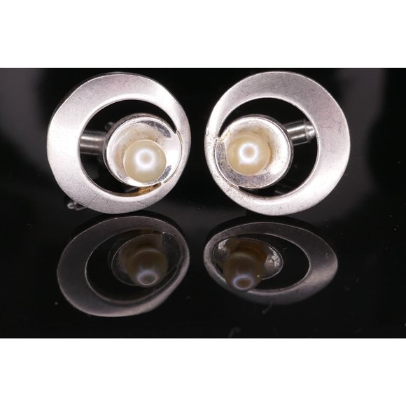 MCM Signed P&K Sterling Silver Atomic Look Cuff Links With Pearls Wedding Prom - Picture 5 of 12